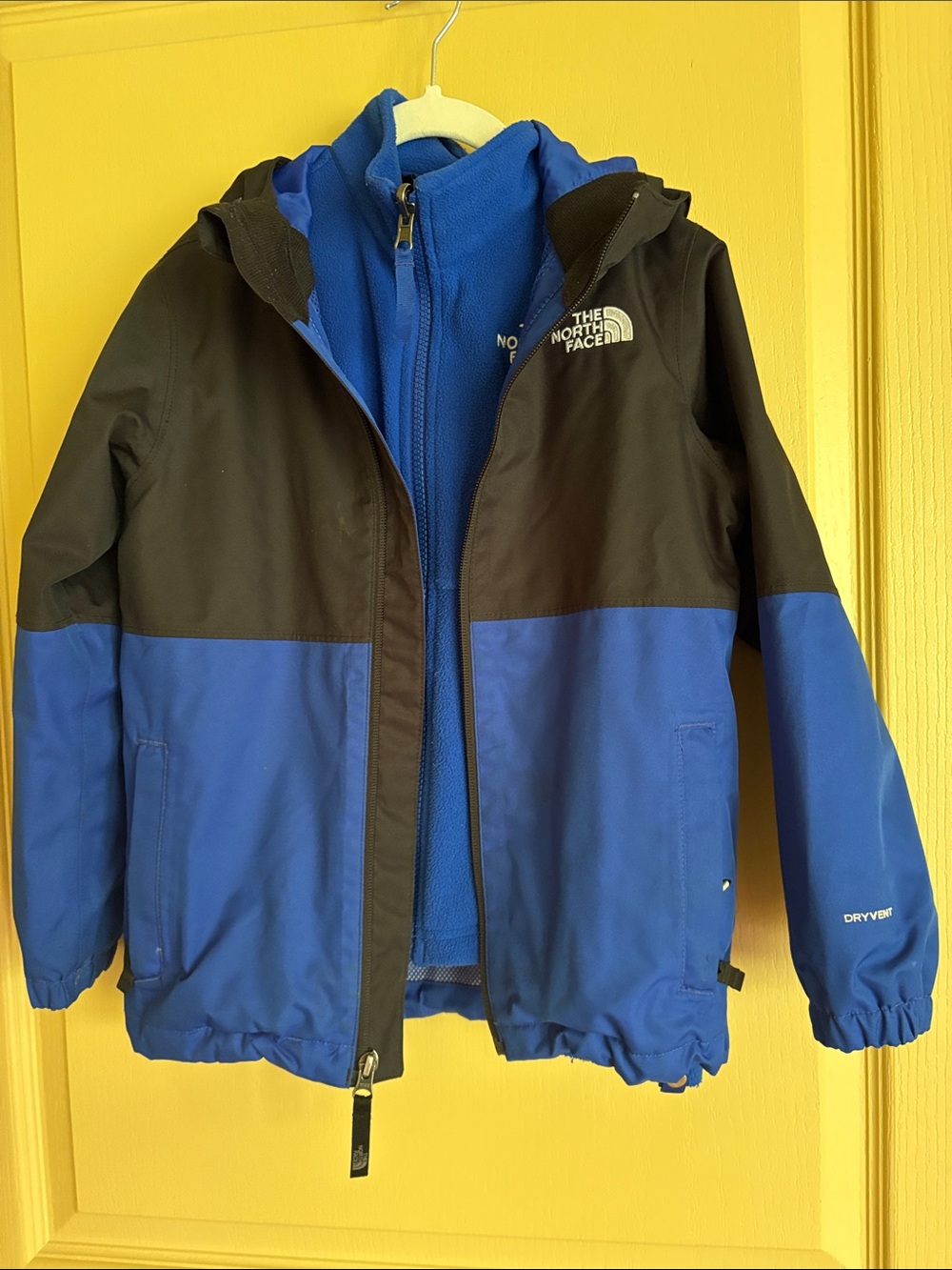 The North Face Blue and Black Kids' Raincoat with Fleece Layer